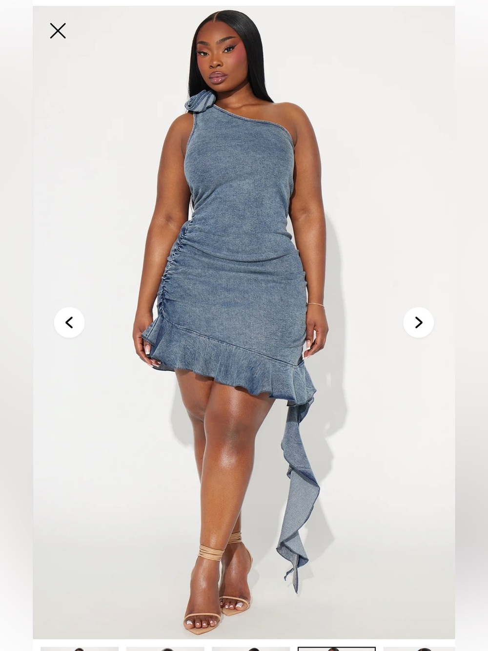 Fashion Nova Washed Blue One-Shoulder Rosette Mini Dress